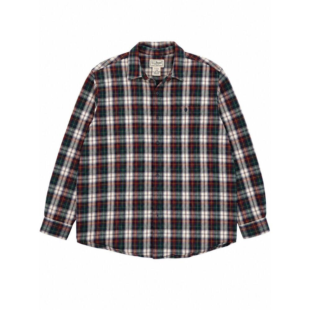 VTG LL Bean Button Up Shirt Mens Sz L Long Sleeve Red Green Plaid Acadamia